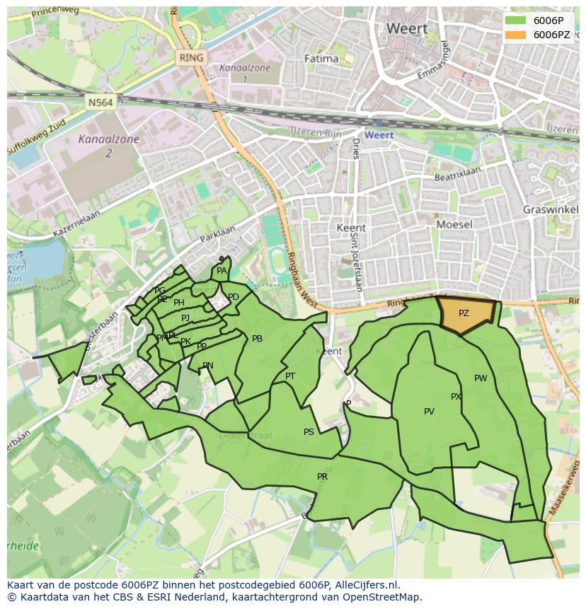 Afbeelding van het postcodegebied 6006 PZ op de kaart.