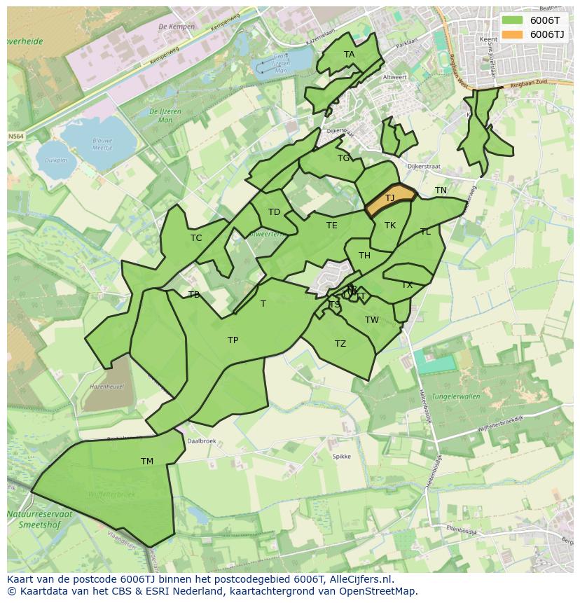 Afbeelding van het postcodegebied 6006 TJ op de kaart.
