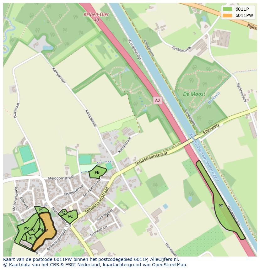 Afbeelding van het postcodegebied 6011 PW op de kaart.