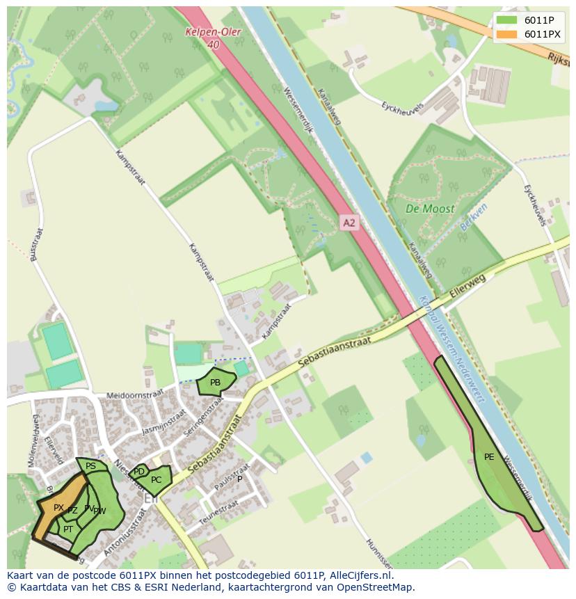 Afbeelding van het postcodegebied 6011 PX op de kaart.
