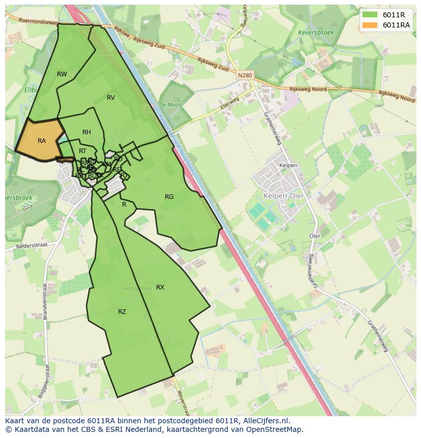Afbeelding van het postcodegebied 6011 RA op de kaart.