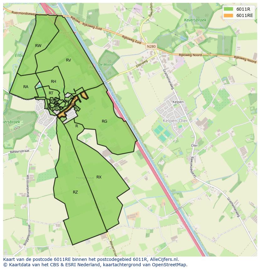 Afbeelding van het postcodegebied 6011 RE op de kaart.