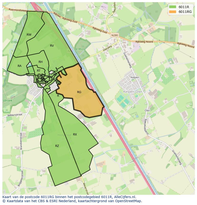 Afbeelding van het postcodegebied 6011 RG op de kaart.