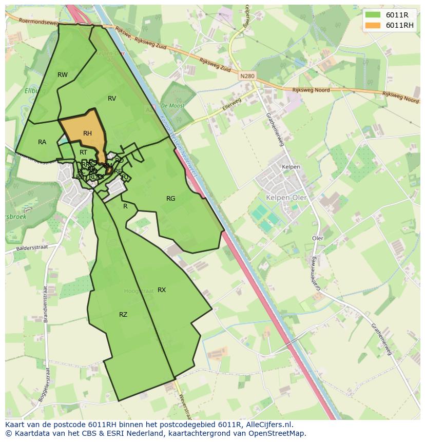 Afbeelding van het postcodegebied 6011 RH op de kaart.