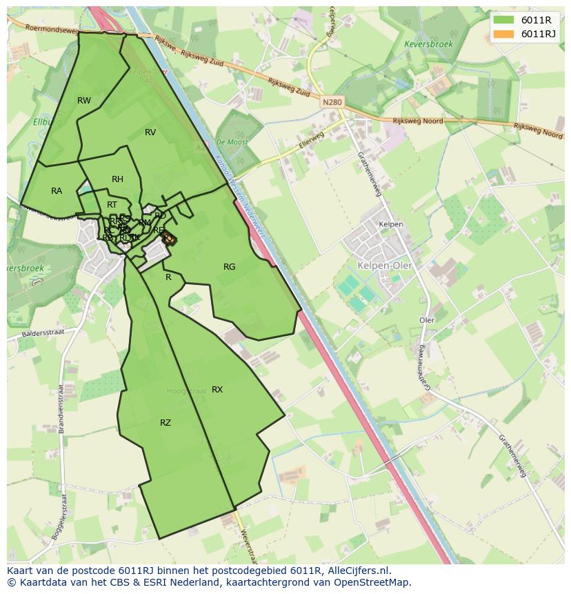 Afbeelding van het postcodegebied 6011 RJ op de kaart.