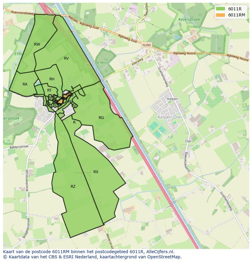 Afbeelding van het postcodegebied 6011 RM op de kaart.