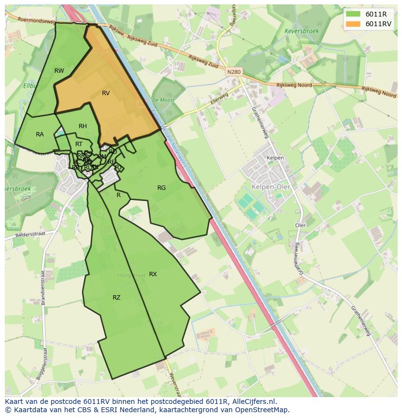 Afbeelding van het postcodegebied 6011 RV op de kaart.