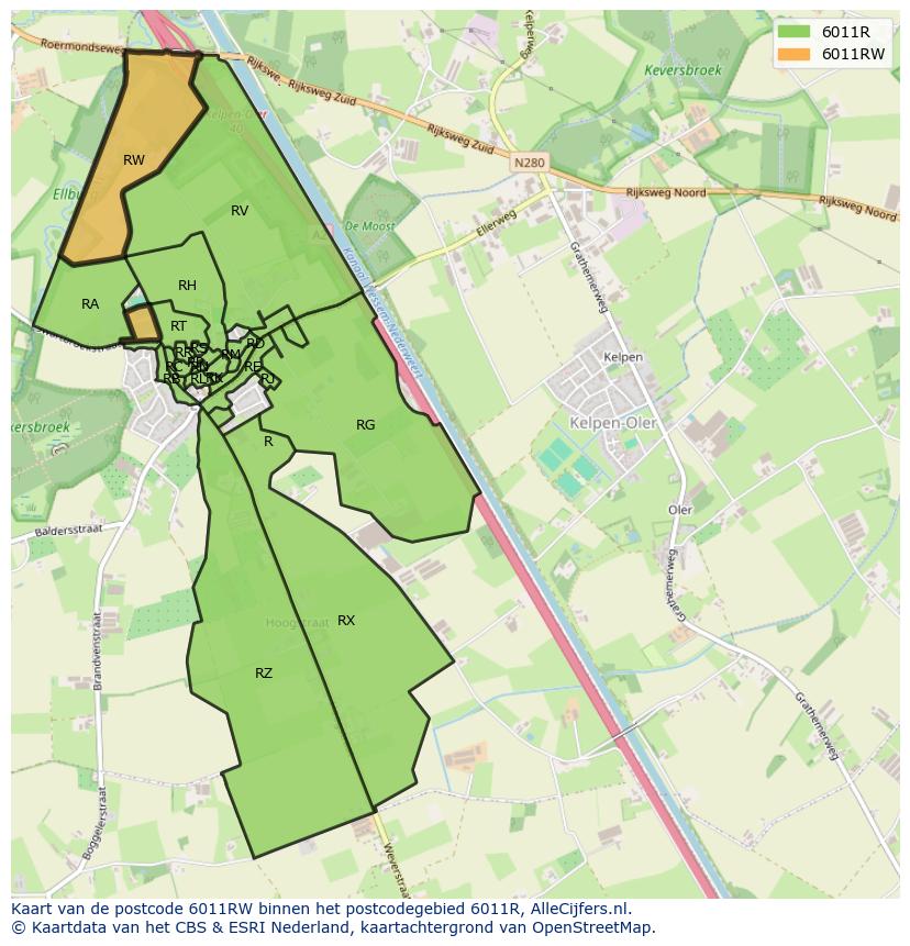 Afbeelding van het postcodegebied 6011 RW op de kaart.