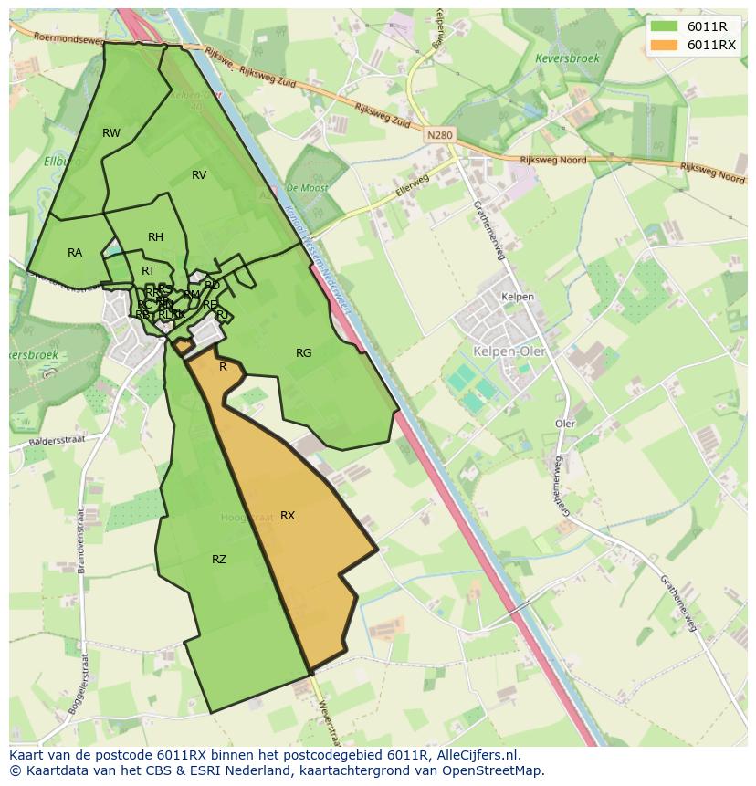 Afbeelding van het postcodegebied 6011 RX op de kaart.