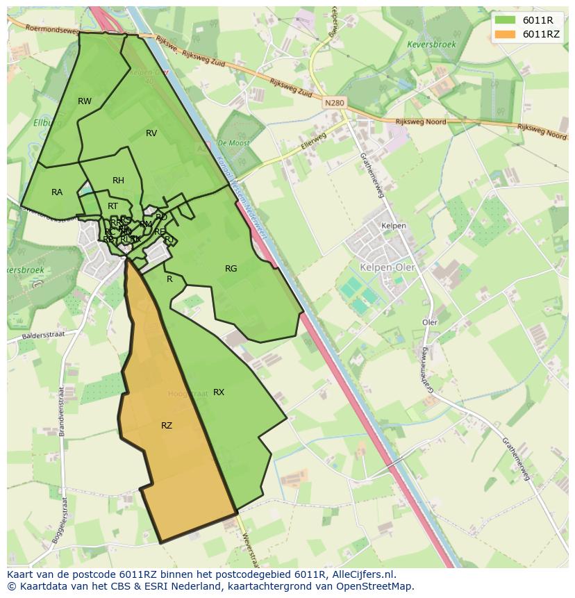 Afbeelding van het postcodegebied 6011 RZ op de kaart.
