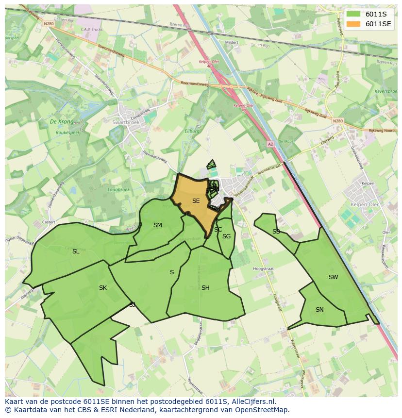 Afbeelding van het postcodegebied 6011 SE op de kaart.