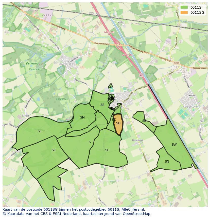 Afbeelding van het postcodegebied 6011 SG op de kaart.