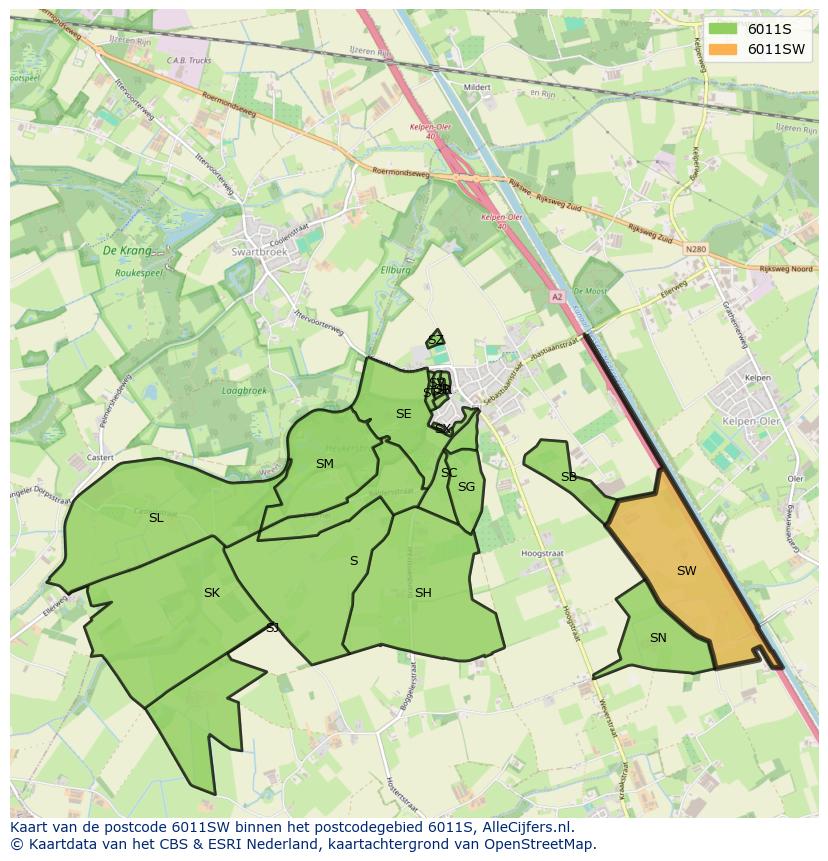 Afbeelding van het postcodegebied 6011 SW op de kaart.
