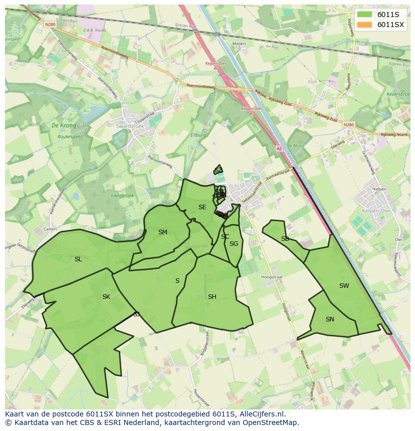 Afbeelding van het postcodegebied 6011 SX op de kaart.