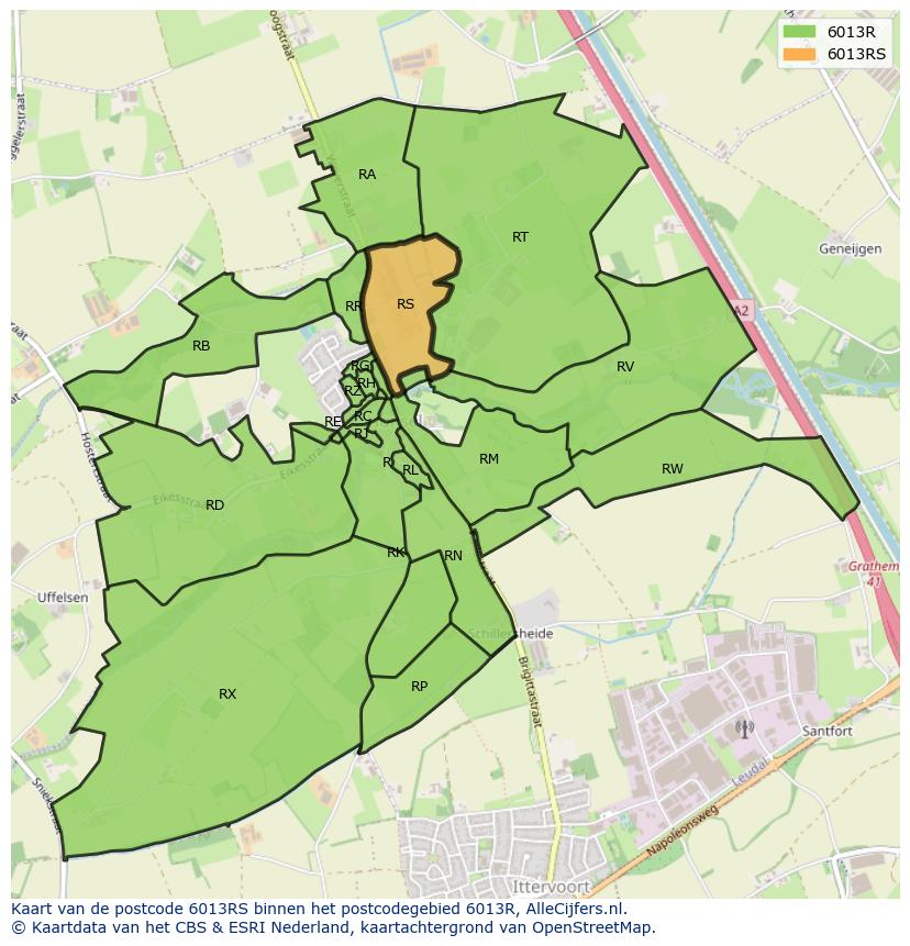 Afbeelding van het postcodegebied 6013 RS op de kaart.