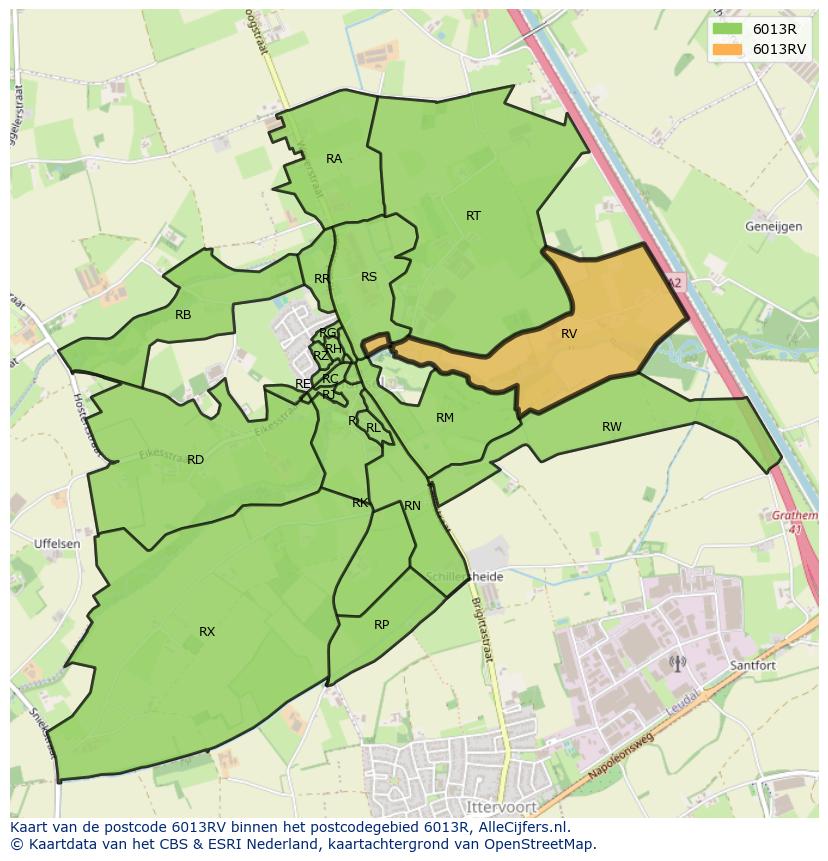 Afbeelding van het postcodegebied 6013 RV op de kaart.