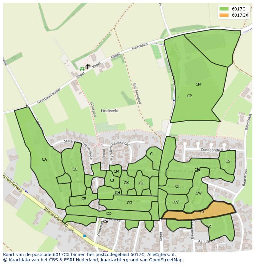 Afbeelding van het postcodegebied 6017 CX op de kaart.