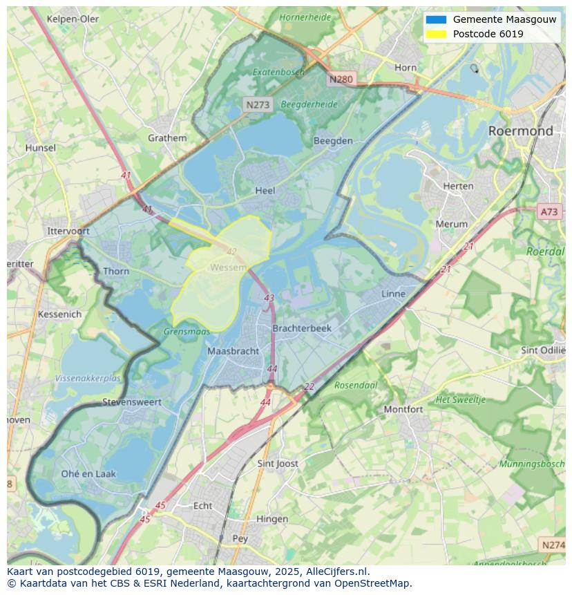 Afbeelding van het postcodegebied 6019 op de kaart.