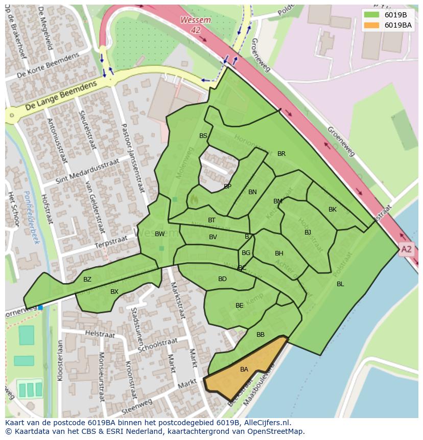 Afbeelding van het postcodegebied 6019 BA op de kaart.