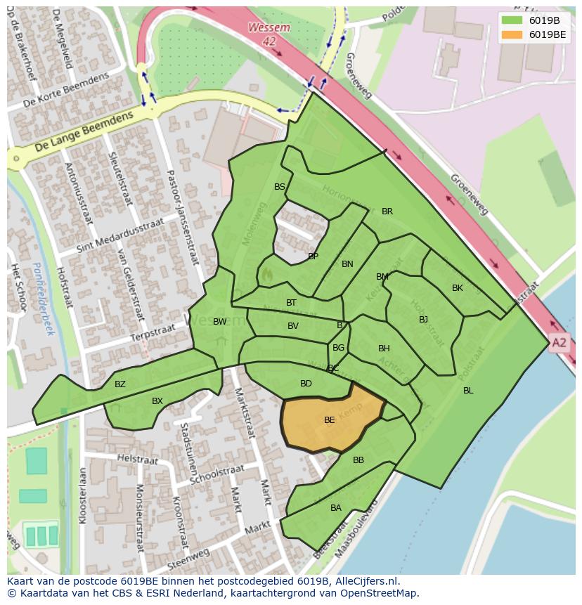 Afbeelding van het postcodegebied 6019 BE op de kaart.