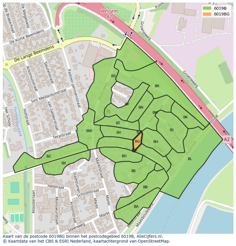 Afbeelding van het postcodegebied 6019 BG op de kaart.