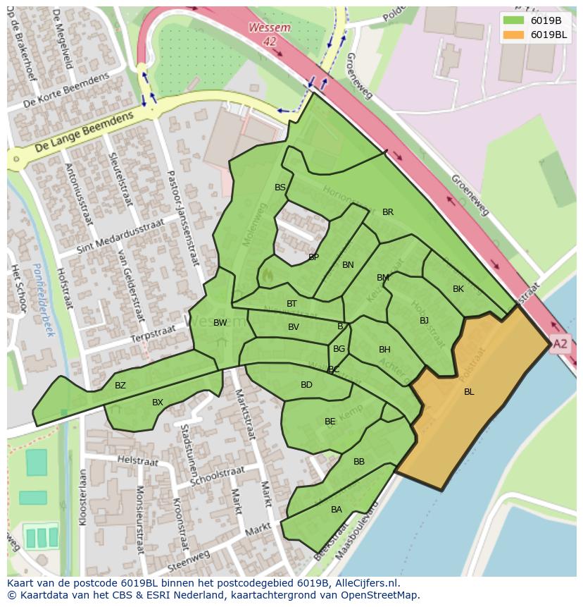 Afbeelding van het postcodegebied 6019 BL op de kaart.