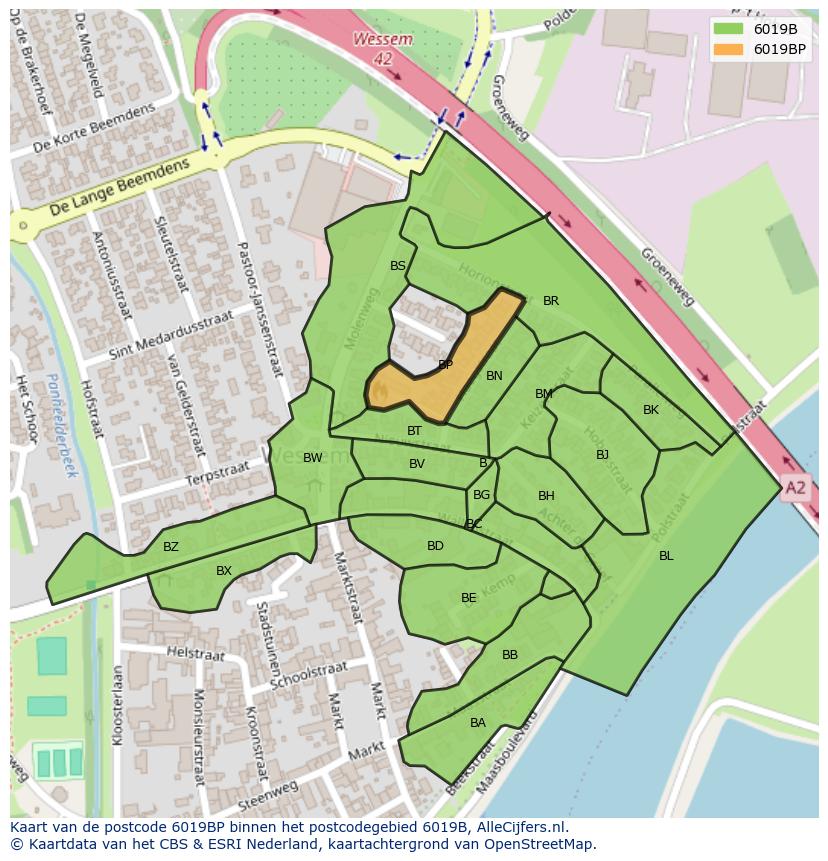 Afbeelding van het postcodegebied 6019 BP op de kaart.