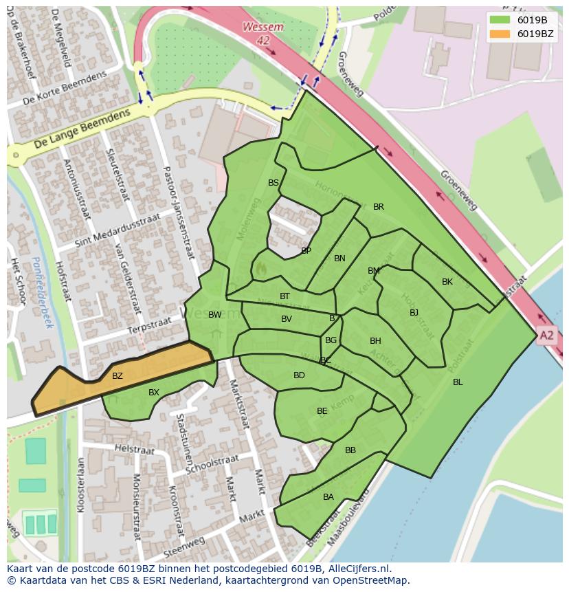 Afbeelding van het postcodegebied 6019 BZ op de kaart.