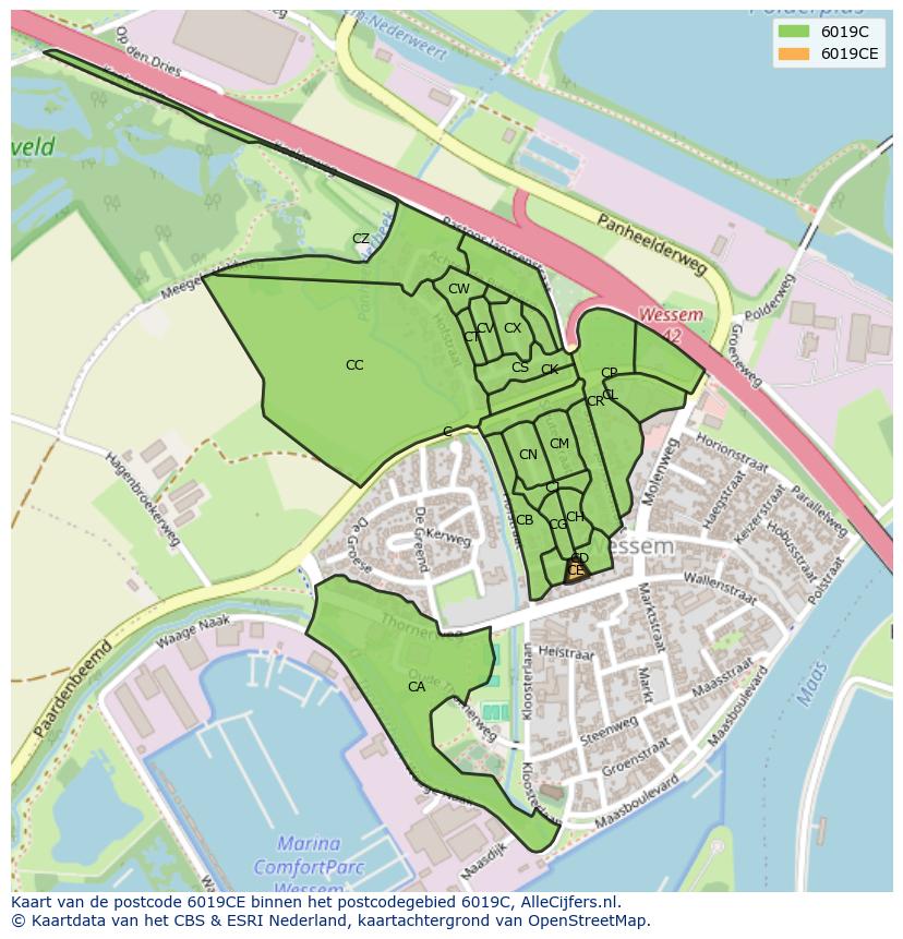 Afbeelding van het postcodegebied 6019 CE op de kaart.