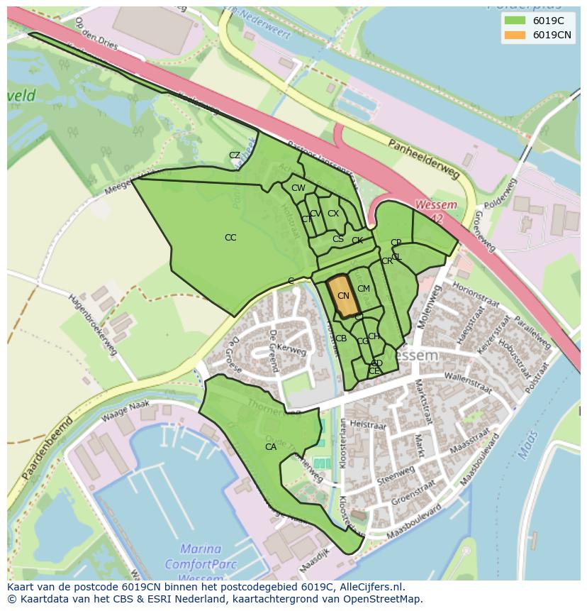 Afbeelding van het postcodegebied 6019 CN op de kaart.