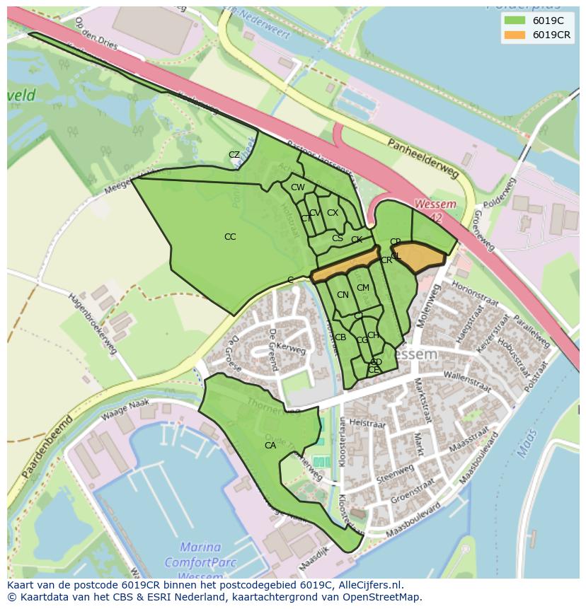 Afbeelding van het postcodegebied 6019 CR op de kaart.
