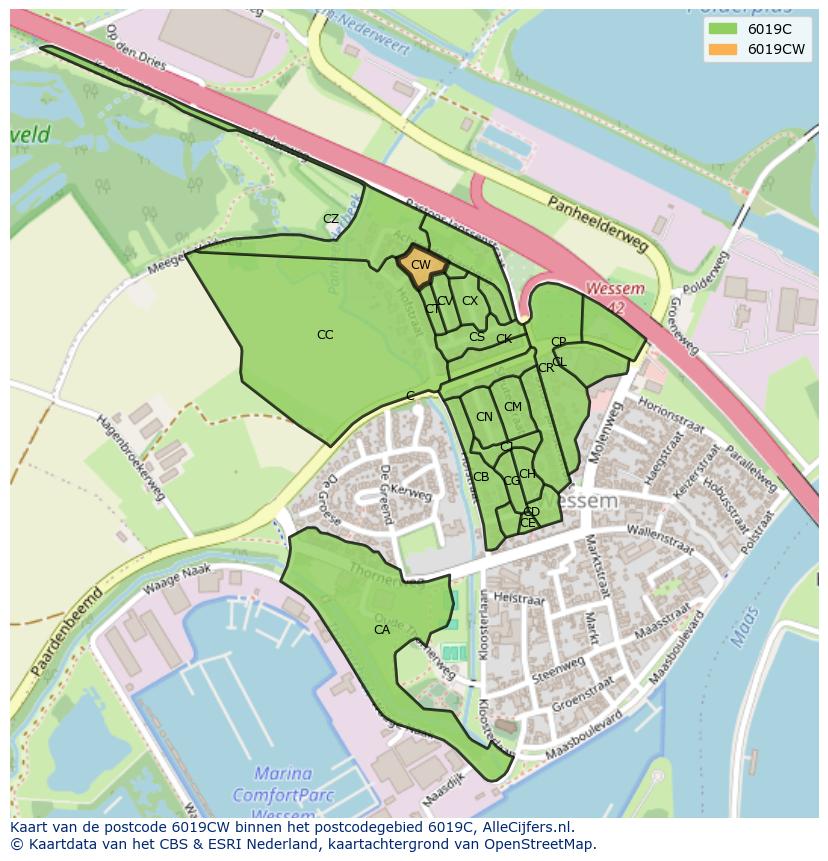 Afbeelding van het postcodegebied 6019 CW op de kaart.