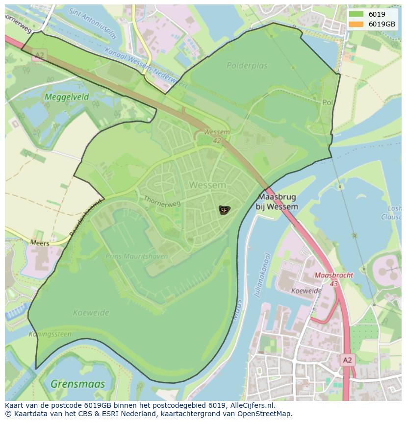 Afbeelding van het postcodegebied 6019 GB op de kaart.