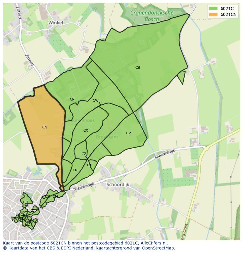 Afbeelding van het postcodegebied 6021 CN op de kaart.