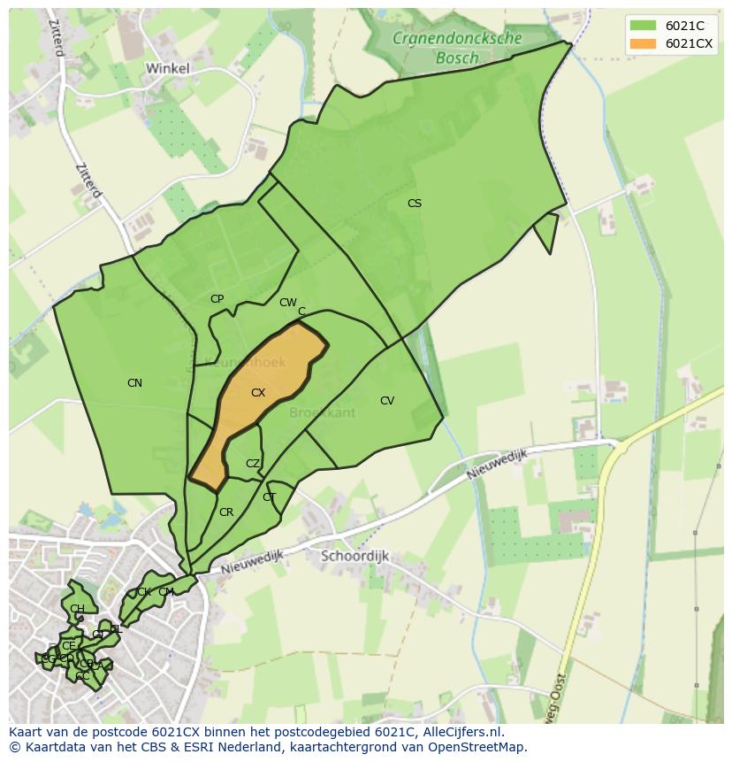 Afbeelding van het postcodegebied 6021 CX op de kaart.