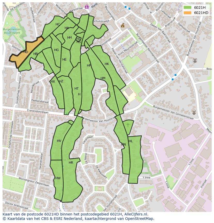Afbeelding van het postcodegebied 6021 HD op de kaart.