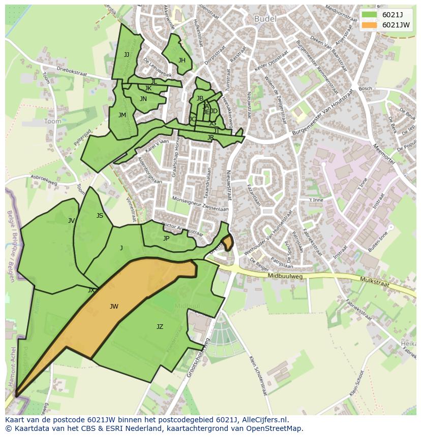 Afbeelding van het postcodegebied 6021 JW op de kaart.