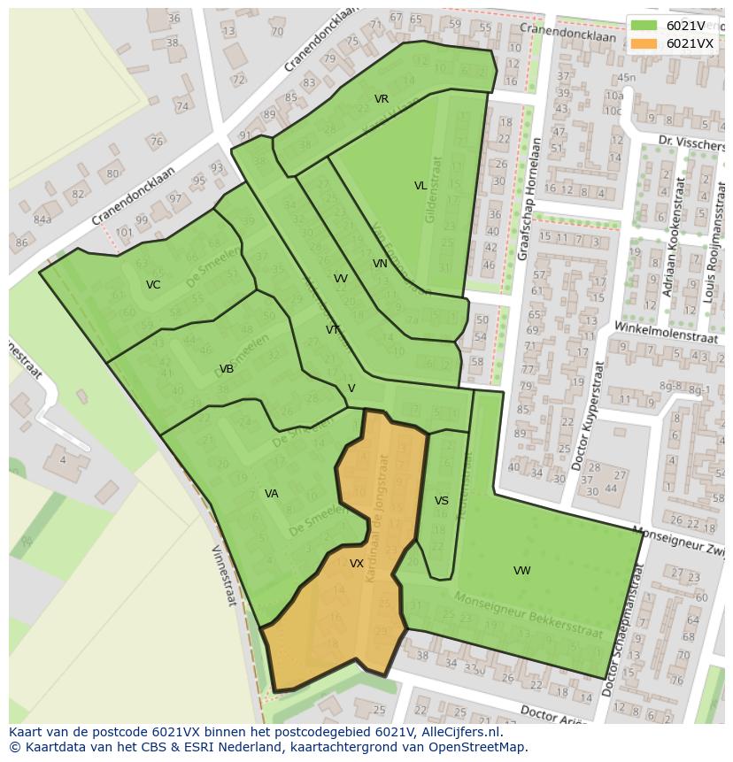 Afbeelding van het postcodegebied 6021 VX op de kaart.