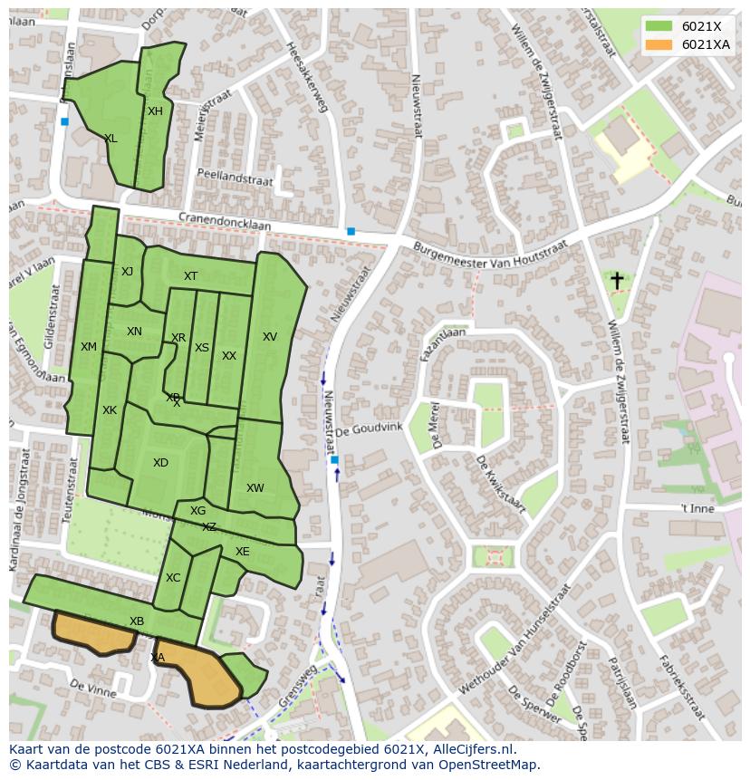 Afbeelding van het postcodegebied 6021 XA op de kaart.