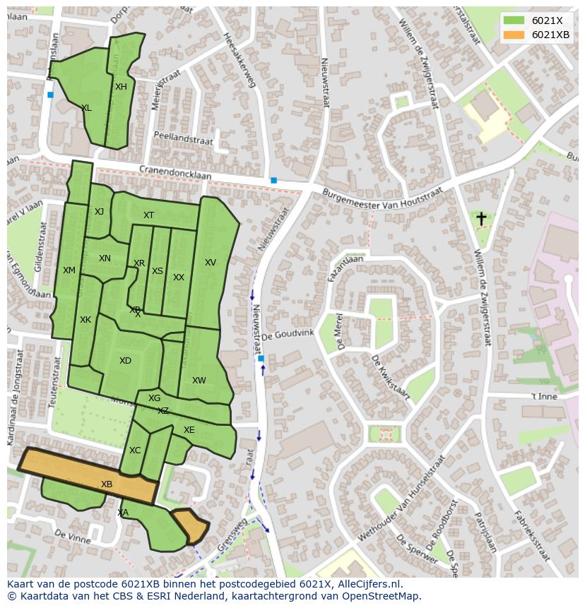 Afbeelding van het postcodegebied 6021 XB op de kaart.