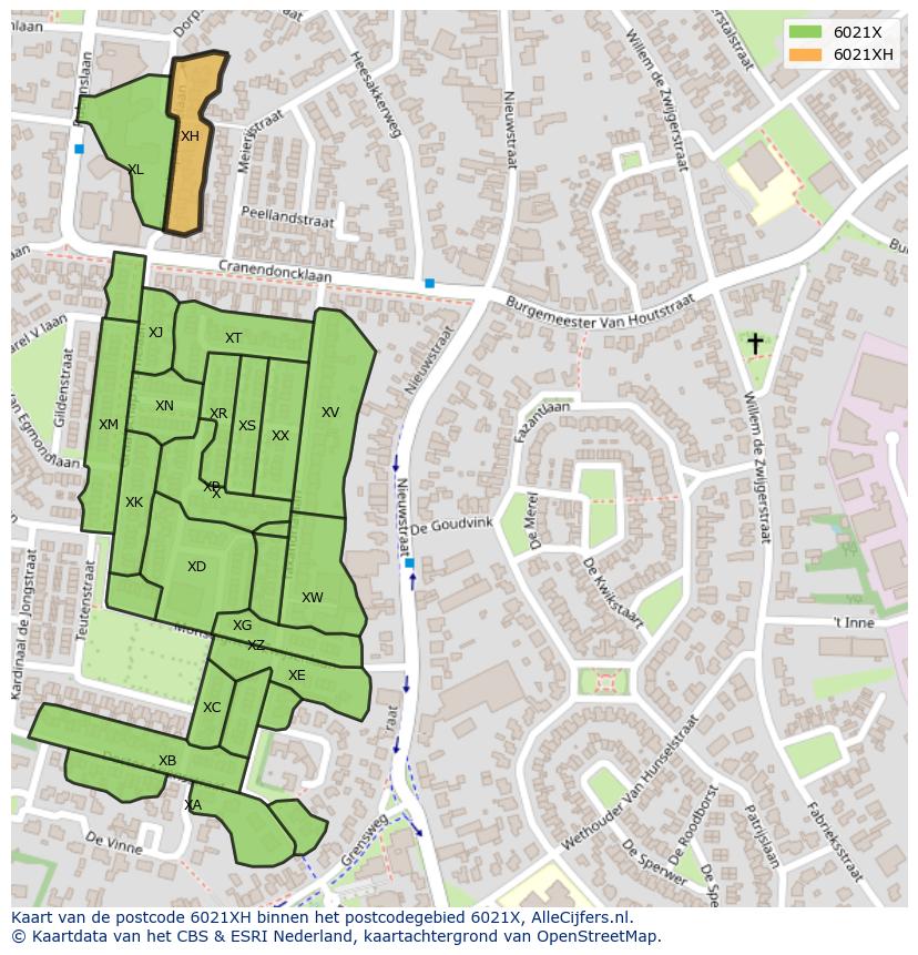 Afbeelding van het postcodegebied 6021 XH op de kaart.