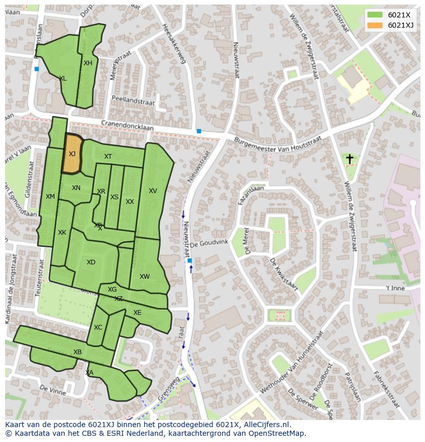 Afbeelding van het postcodegebied 6021 XJ op de kaart.