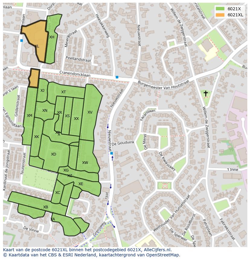 Afbeelding van het postcodegebied 6021 XL op de kaart.