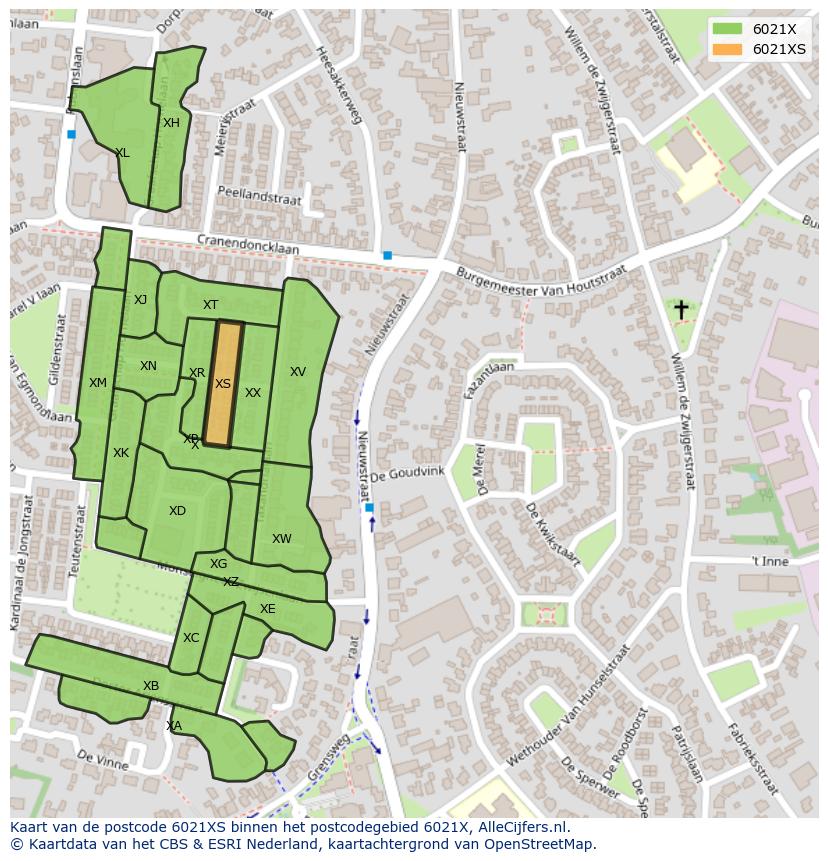 Afbeelding van het postcodegebied 6021 XS op de kaart.