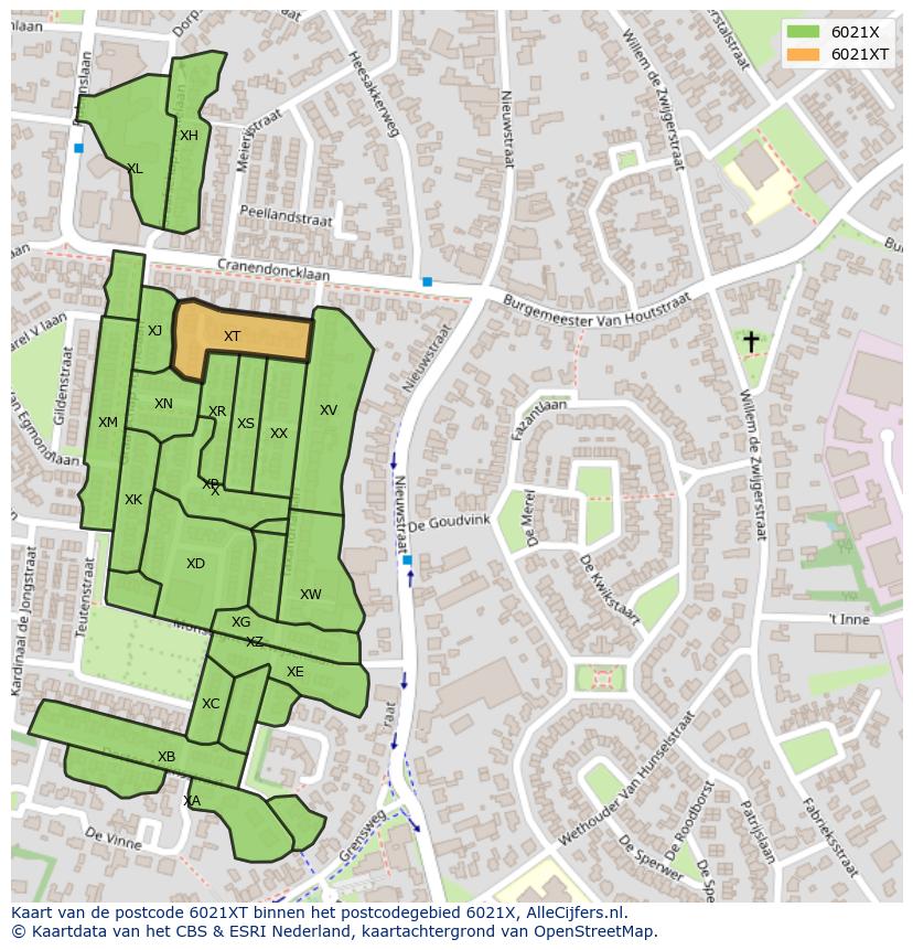 Afbeelding van het postcodegebied 6021 XT op de kaart.