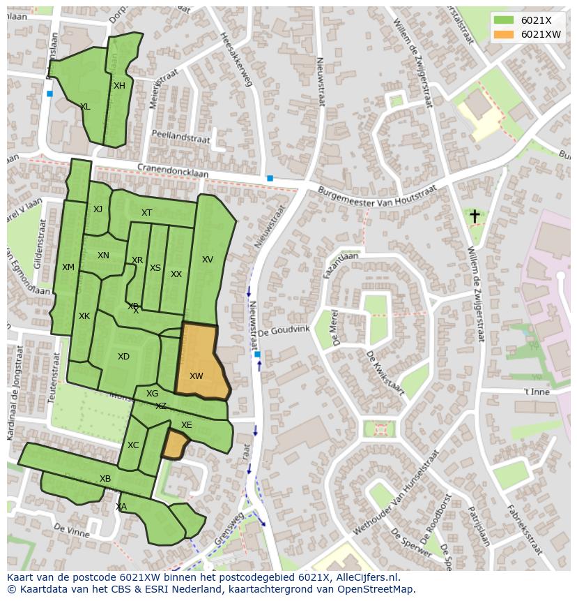 Afbeelding van het postcodegebied 6021 XW op de kaart.