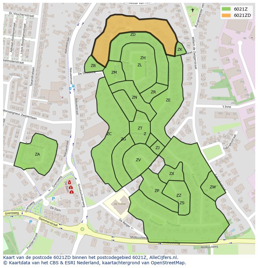 Afbeelding van het postcodegebied 6021 ZD op de kaart.