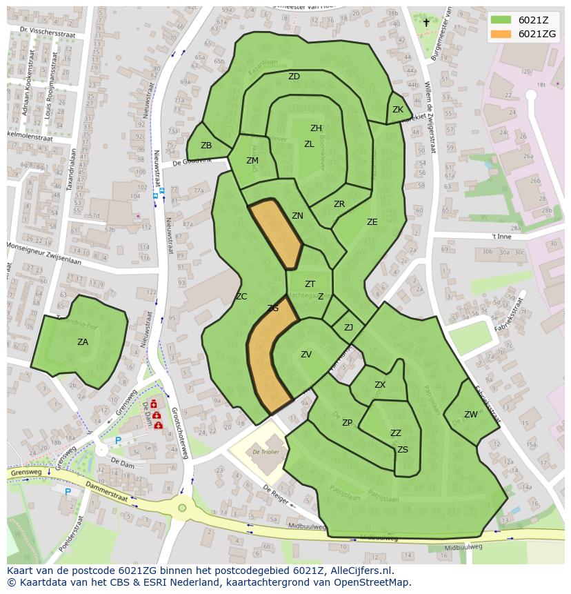 Afbeelding van het postcodegebied 6021 ZG op de kaart.