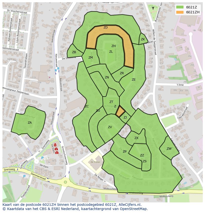 Afbeelding van het postcodegebied 6021 ZH op de kaart.