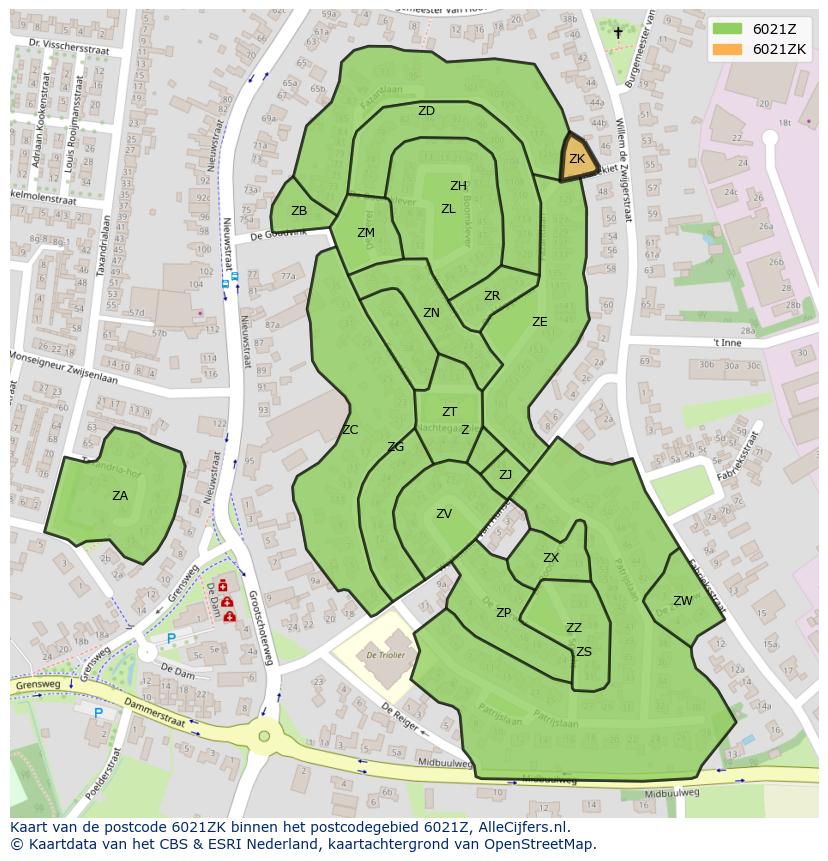 Afbeelding van het postcodegebied 6021 ZK op de kaart.